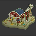 Cartoon Farm Scene with Red Barn Blue Roof Windmill Hay Bales Ladder and Wooden Fence