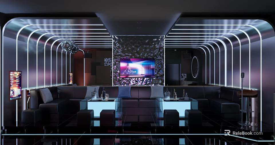 Modern KTV Room Interior With Sofas Lights And TV 3d model 