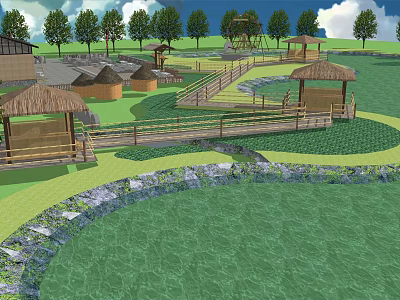 Rustic Guesthouse Buildings With Thatched Roofs Wooden Walkway And Scenic Garden 3d model