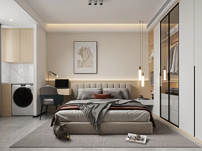 Modern Bedroom with Bed Wardrobe Desk Washing Machine Artwork and Rug 3d model