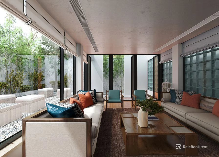 Modern Living Room Interior Design With Sofa Throw Pillows Coffee Table And Windows 3d model 