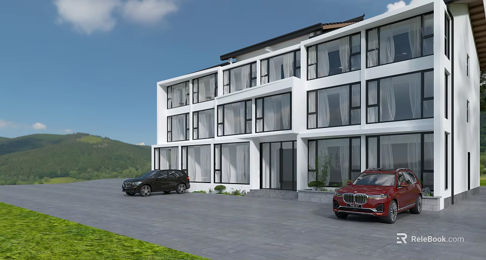 Modern Guesthouse Building With White Exterior Large Glass Windows Green Lawn And Mountain View 3d model 