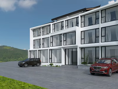 Modern Guesthouse Building With White Exterior Large Glass Windows Green Lawn And Mountain View 3d model