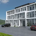 Modern Guesthouse Building With White Exterior Large Glass Windows Green Lawn And Mountain View