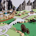 Park Landscape with Wooden Pergola Swings Climbing Structure Green Lawn and Red Path