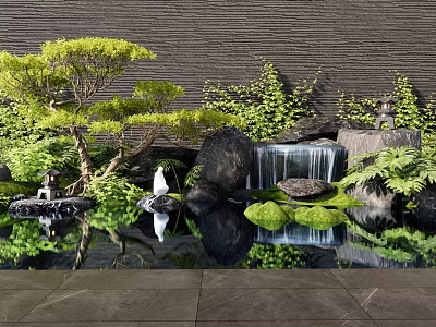 Tranquil Indoor Landscape With Green Plants Rockery Waterfall Pond Reflection And Stone Lantern 3d model