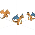 Three Charizard Action Figures In Different Poses With Orange And Blue Details 3d model