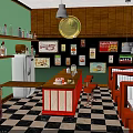 Retro Diner Scene With Green Walls Wooden Panels Red Booths Checkered Floor Vintage Posters Jukebox