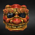 Traditional Red And Gold Lion Head Sculpture With Curled Patterns And Black Eyes