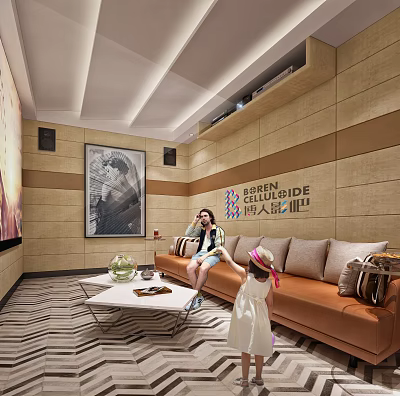 Cozy Living Room Interior With Orange Sofa TV Painting And Family Interaction 3d model