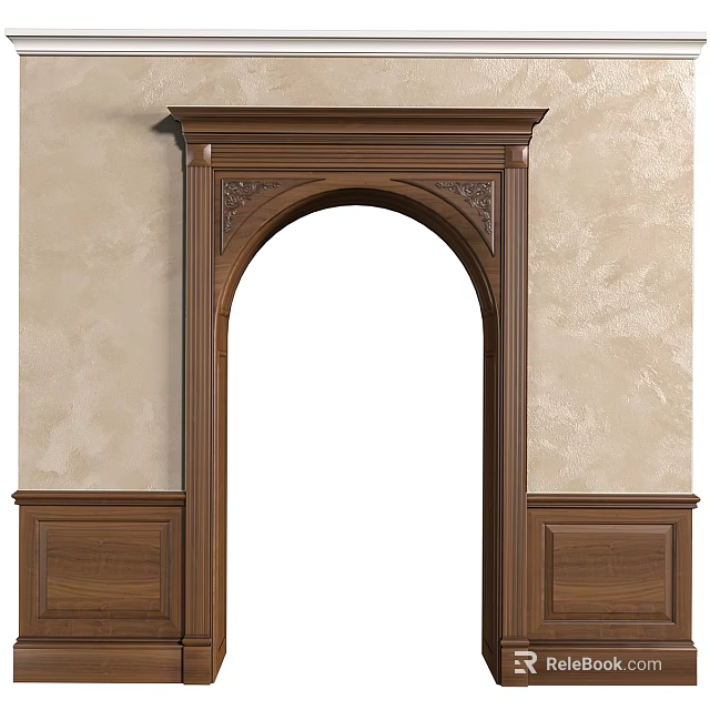 Wooden Arched Door Frame With Carved Details On Beige Wall And Wainscoting 3d model 