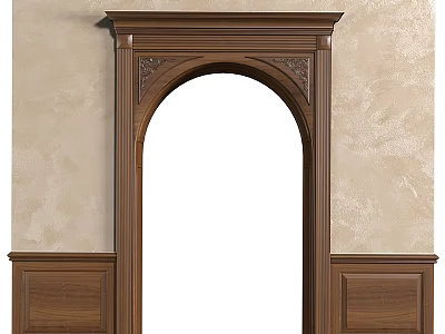 Wooden Arched Door Frame With Carved Details On Beige Wall And Wainscoting 3d model