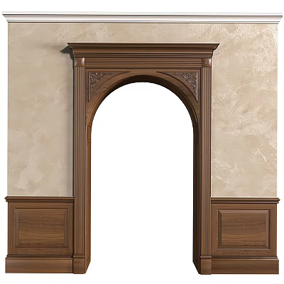 Wooden Arched Door Frame With Carved Details On Beige Wall And Wainscoting 3d model