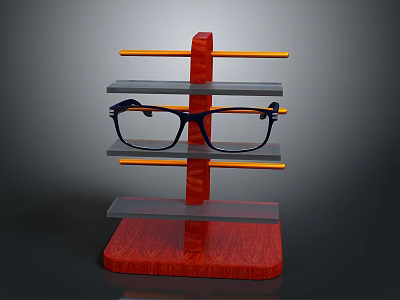 Red Wooden Eyeglass Stand With Multiple Transparent And Orange Shelves Holding Black Eyeglasses 3d model