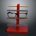 Red Wooden Eyeglass Stand With Multiple Transparent And Orange Shelves Holding Black Eyeglasses