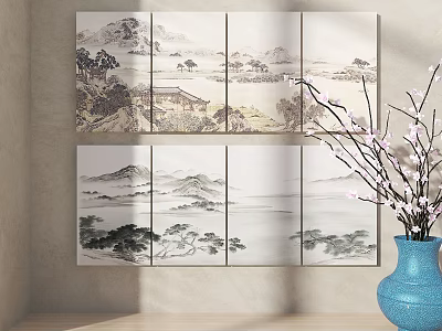 Traditional Chinese Landscape Paintings With Two Rows Four Panels And Blue Vase On Wooden Shelf 3d model