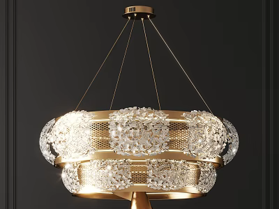 Luxurious Crystal Chandelier With Gold Frame Design On Dark Wall Background 3d model