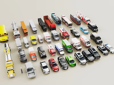 Various Types Of Colored Utility Vehicle Models Arranged Neatly On 3d model