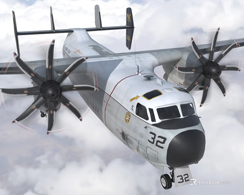 Military Fighter Jet With Four Propellers Flying Through Clouds Marked 32 3d model 