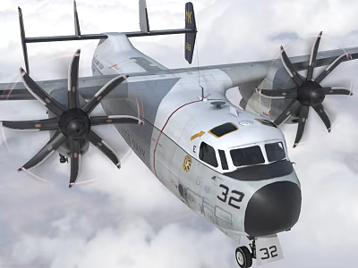 Military Fighter Jet With Four Propellers Flying Through Clouds Marked 32 3d model