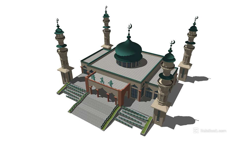 Traditional Mosque Architectural Design Featuring Green Dome Multiple Minarets And Stone Steps 3d model 