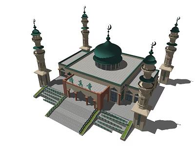 Traditional Mosque Architectural Design Featuring Green Dome Multiple Minarets And Stone Steps 3d model