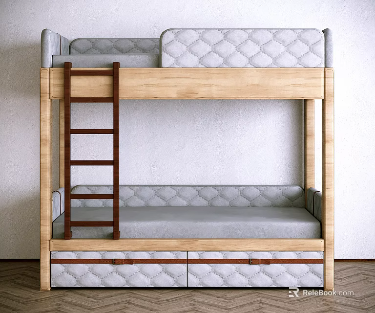 Modern Wooden Bunk Bed with Upholstered Mattresses Brown Ladder and Storage Drawers 3d model 