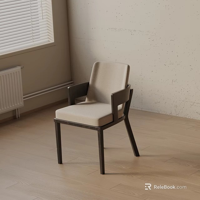 Modern Dining Chair With Beige Fabric Seat Black Wooden Frame On Light Wooden Floor 3d model 