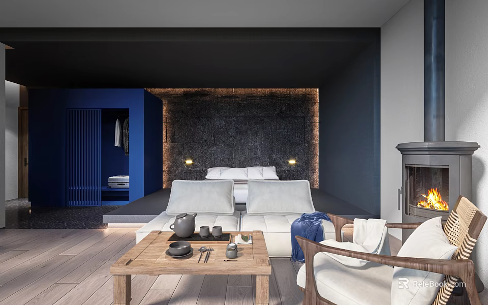 Modern Hotel Guest Room With Blue Decor Fireplace Sofa And Wooden Coffee Table 3d model 