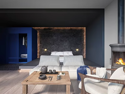 Modern Hotel Guest Room With Blue Decor Fireplace Sofa And Wooden Coffee Table 3d model