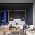 Modern Hotel Guest Room With Blue Decor Fireplace Sofa And Wooden Coffee Table