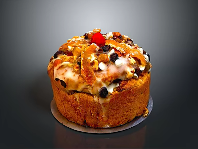 Freshly Baked Cake Topped With Walnuts Chocolate Chips Cherry And Icing 3d model