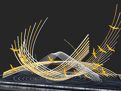 Landscape Sculpture with Curved Yellow White Lines Yellow Birds and Circular Ripples on Black Background 3d model