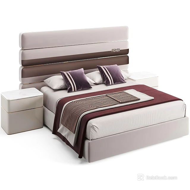 Double Bed with Layered Light Gray Dark Brown Headboard Purple Striped Pillows and White Nightstands 3d model 