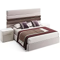 Double Bed with Layered Light Gray Dark Brown Headboard Purple Striped Pillows and White Nightstands