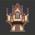 Cartoon Fantasy House With Pointed Red Roof Blue Tiles Yellow Walls And Arched Window