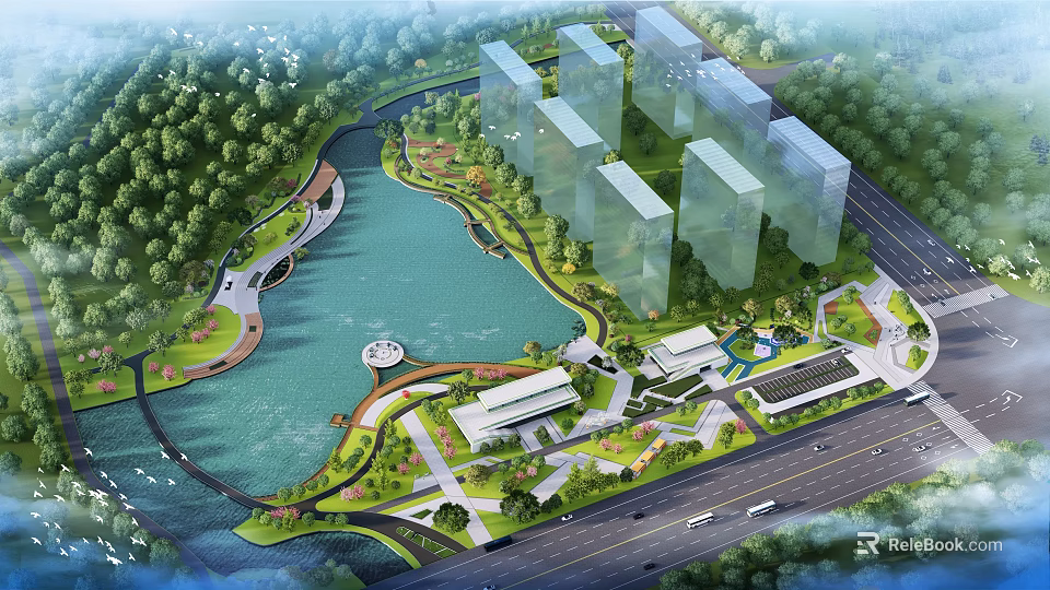 Scenic Urban Garden Landscape with Lake Lush Trees Modern Buildings and Green Spaces 3d model 