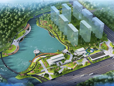 Scenic Urban Garden Landscape with Lake Lush Trees Modern Buildings and Green Spaces 3d model