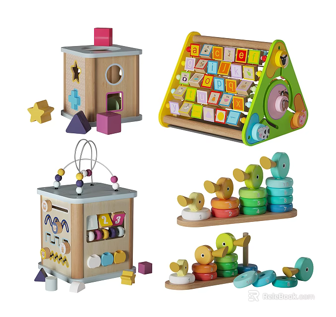 Colorful Wooden Building Blocks Set With Letters Shapes And Stacking Toys For Kids 3d model 