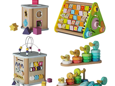 Colorful Wooden Building Blocks Set With Letters Shapes And Stacking Toys For Kids 3d model