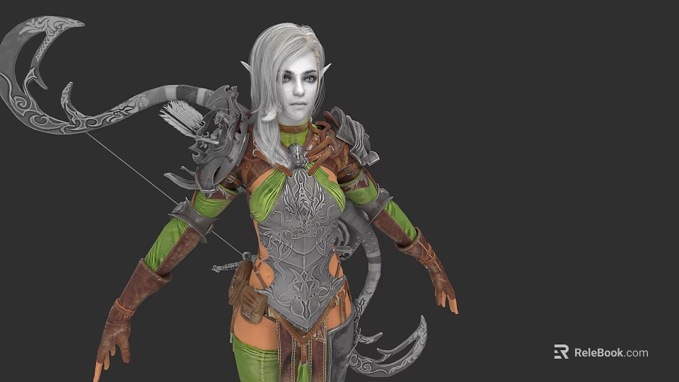 Elven Woman with Long Silver Hair in Ornate Green and Silver Armor Holding Bow 3d model 