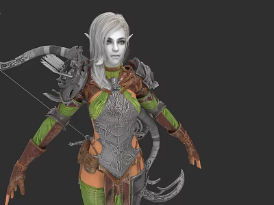 Elven Woman with Long Silver Hair in Ornate Green and Silver Armor Holding Bow 3d model