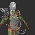 Elven Woman with Long Silver Hair in Ornate Green and Silver Armor Holding Bow