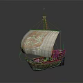 Ancient Wooden Sailing Ship Water Vessel With White Sail And Decorative Pattern
