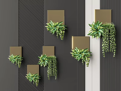 Modern Wall Decor with Golden Square Panels and Green Hanging Plants on Striped Wall 3d model