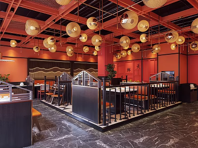 Red Themed Hotpot Restaurant Interior With Lantern Decorations And Modern Seating Areas 3d model