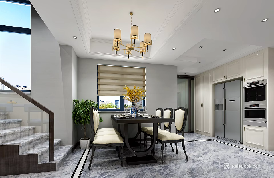 Modern Dining Room With Dark Table White Chairs Chandelier Blinds Plant And Open Kitchen 3d model 