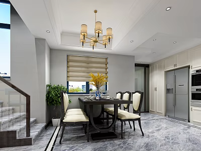 Modern Dining Room With Dark Table White Chairs Chandelier Blinds Plant And Open Kitchen 3d model