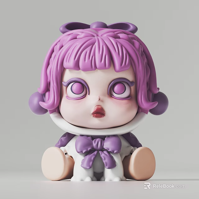 Cute Cartoon Doll Sculpture With Purple Hair Bow Big Eyes And Sitting Posture 3d model 