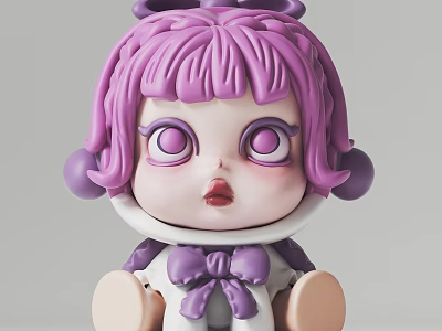 Cute Cartoon Doll Sculpture With Purple Hair Bow Big Eyes And Sitting Posture 3d model